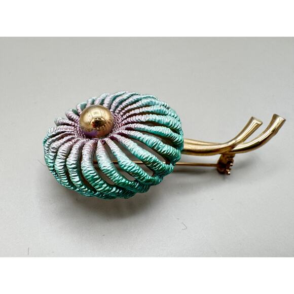 Vintage Enameled Teal and Purple Gold Tone Flower Brooch - Picture 5 of 8